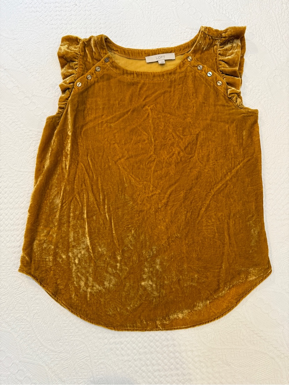 Loft Velvet Ruffle Short Sleeve Mustard Yellow Blouse Size Small